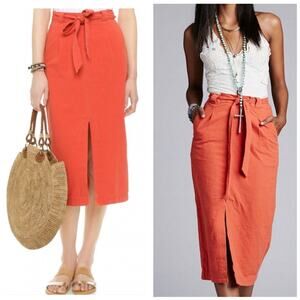 Free People Easy Breezy Linen Cotton Midi Skirt Size 4 Coral Boho Chic